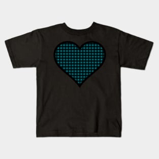 Peacock Blue and Black Gingham Heart Kids T-Shirt